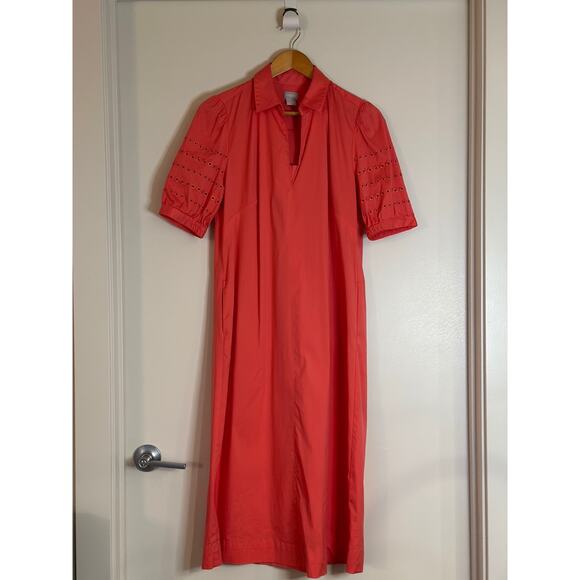 Chico's Women's 8 Split Neck Puff Eyelet Trim Sleeve Orange Cotton Midi Dress - Picture 2 of 12